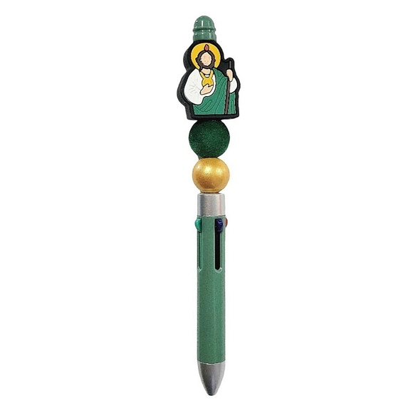 San Judas Tadeo Beaded Ballpoint Retractable 4 In 1 Pen Focal Bead Green - Picture 1 of 4